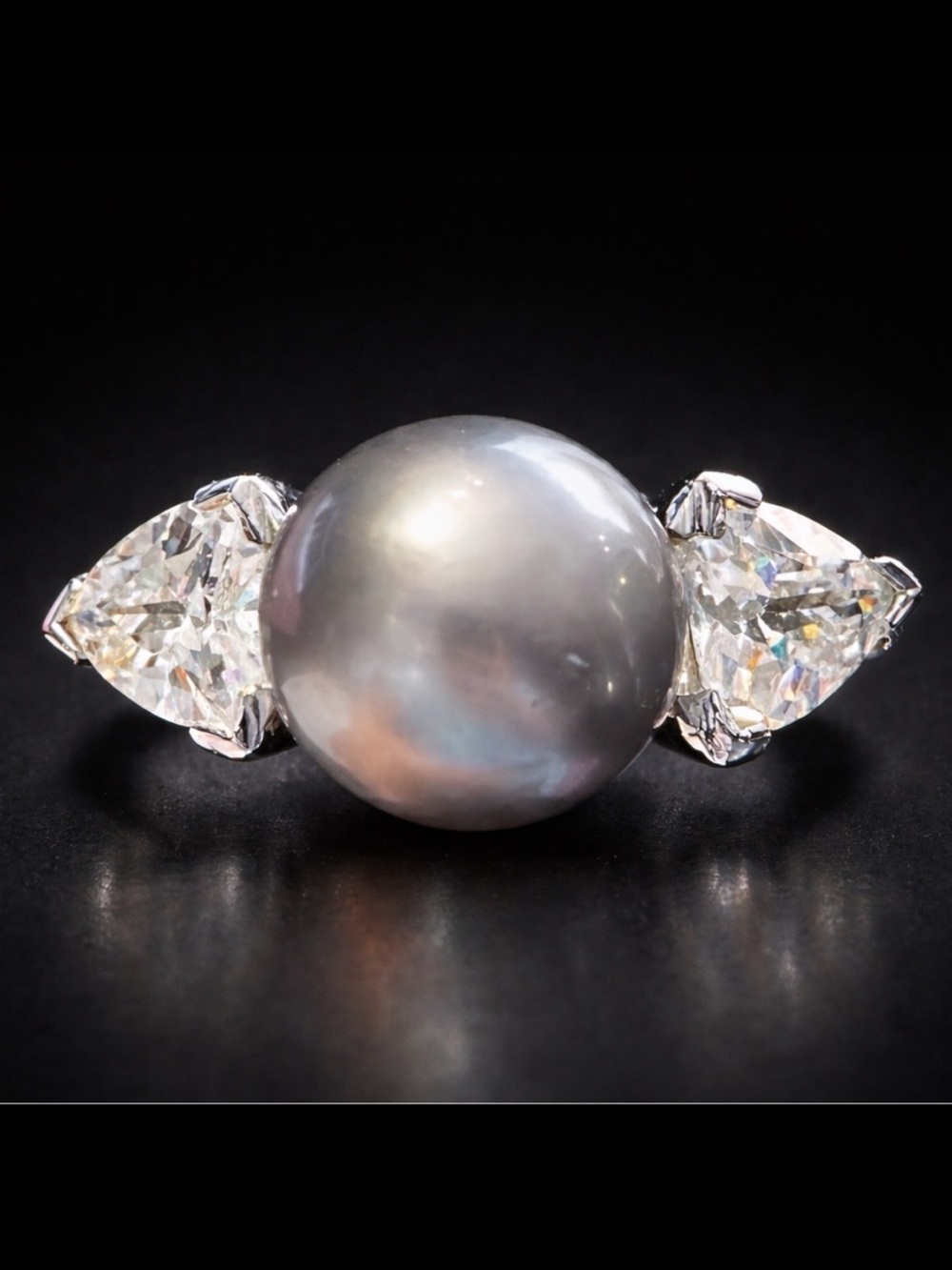 Suzanne Somers vintage black pearl trilliant cut CZ sterling silver ring HSN